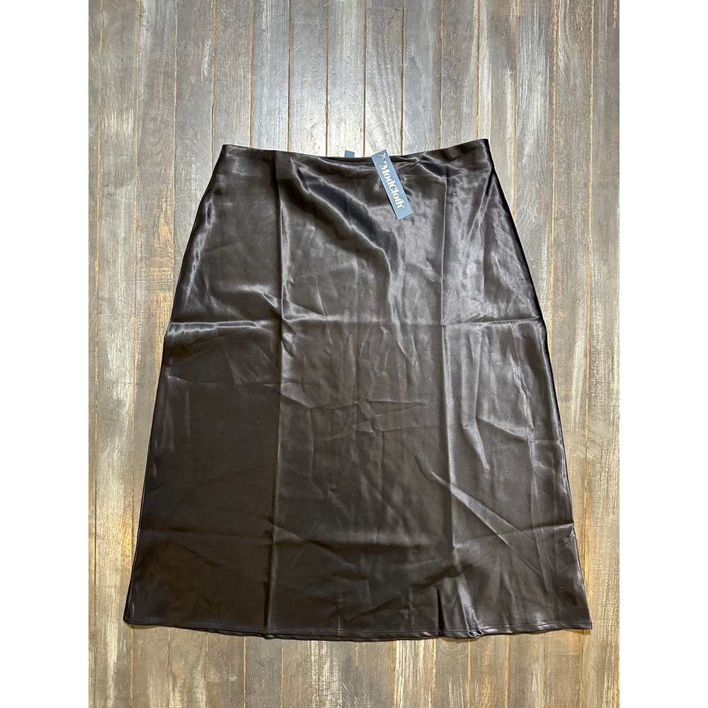 ModCloth Womens Black Satin Midi Skirt A-Line Side Zip NWT
